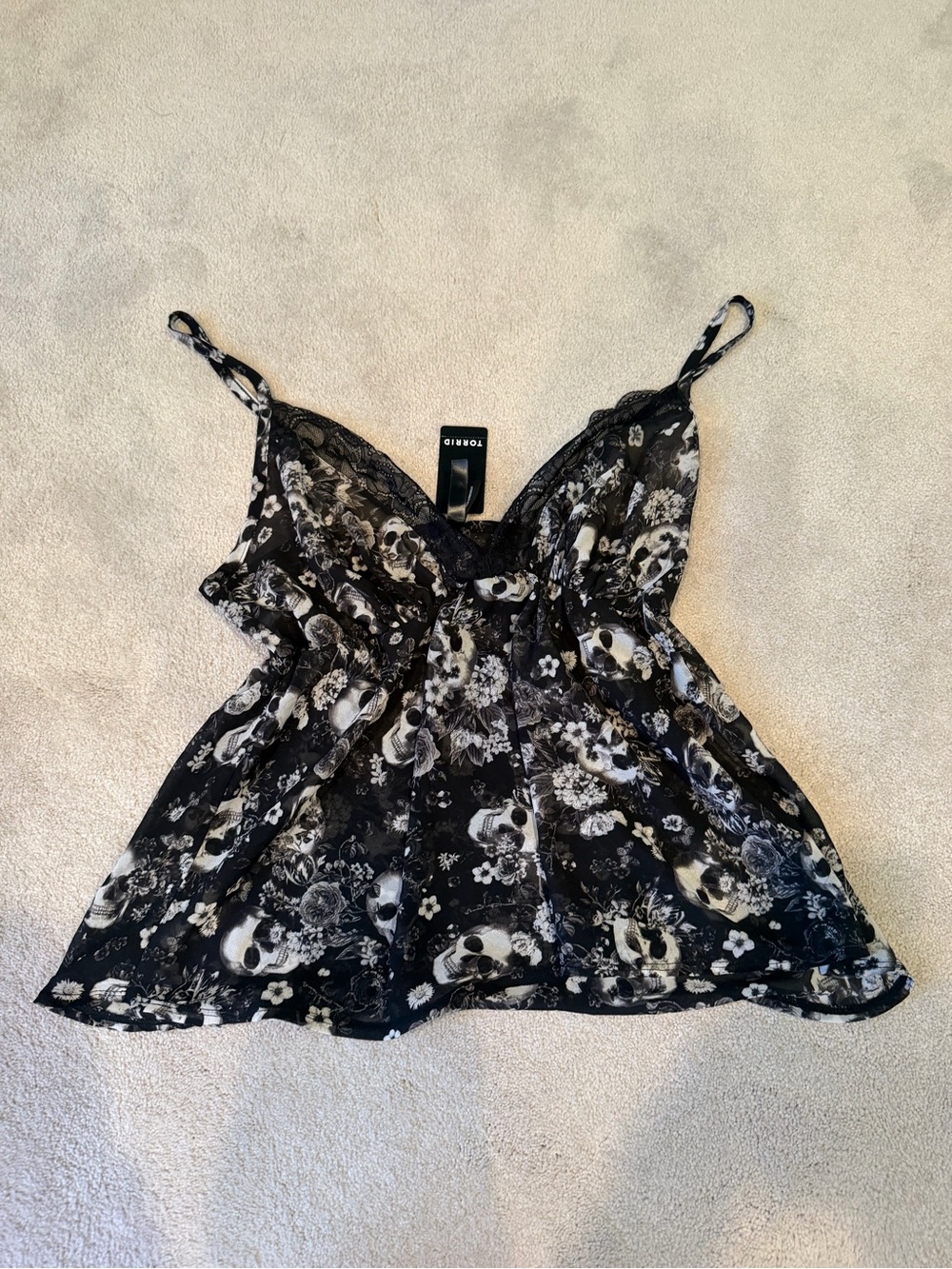 Black Floral Skull Lace-Trim Cami Sleep Top